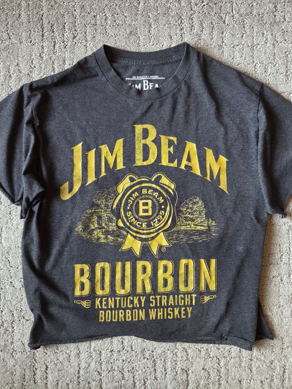 Jim Beam Bourbon Whiskey Raw Hem Cropped Graphic Tee Medium Charcoal Gray
